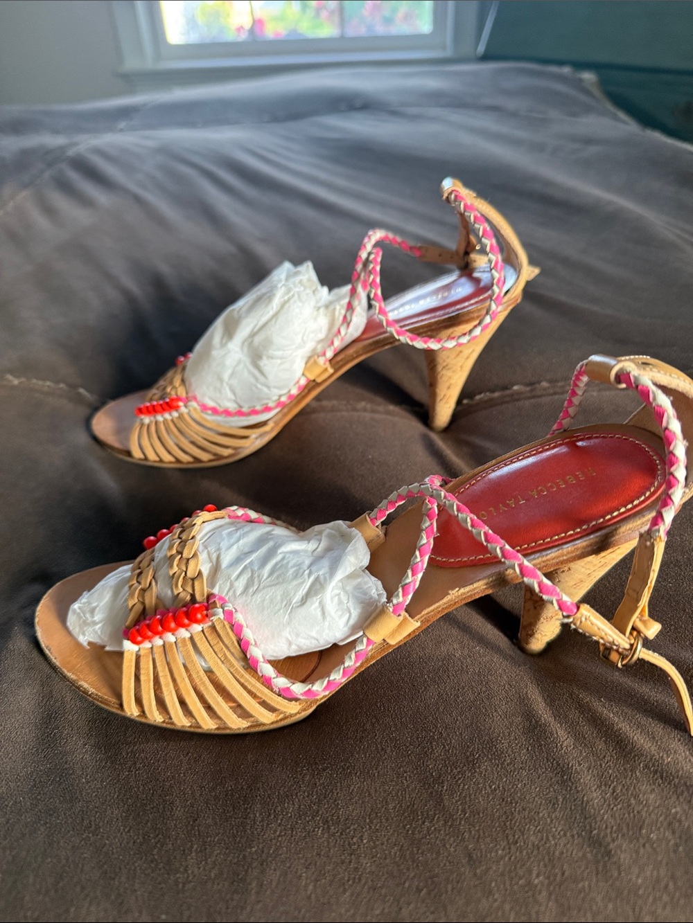Rebecca Taylor Tan and Pink Braided Heel Sandals
